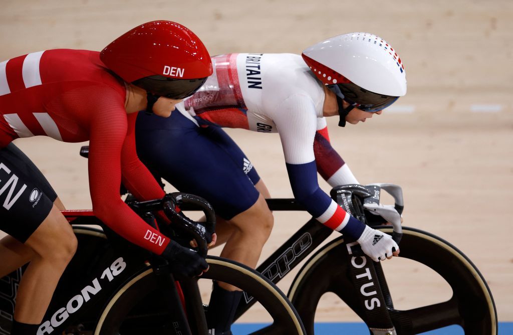 Britains Laura Kenny R and Denmarks Amalie Dideriksen compete in the womens track cycling omnium scratch race during the Tokyo 2020 Olympic Games at Izu Velodrome in Izu Japan on August 8 2021 Photo by Odd ANDERSEN AFP Photo by ODD ANDERSENAFP via Getty Images