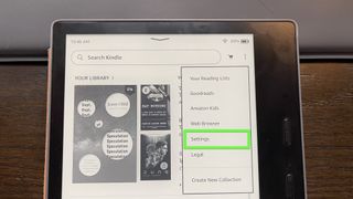 A Kindle Oasis with "Settings" highlighted.
