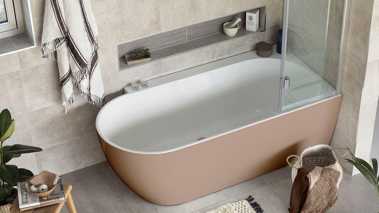 Bathroom with bathtub with shower over and screen and neutral wall and floor tiles