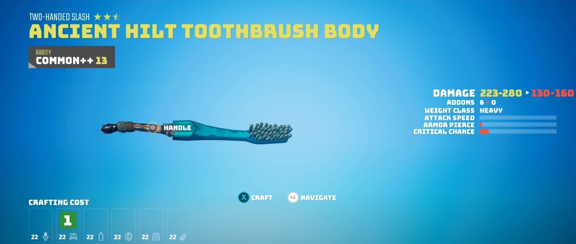 Biomutant crafting screen showing an "ancient hilt toothbrush body" with common rarity and heavy weight class.