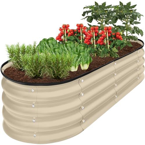 Best Choice Products 4x2x1ft Outdoor Metal Raised Garden Bed Outdoor, Oval Deep Root Planter Box for Vegetables, Flowers, &amp;amp; Herbs, 51 Gallon Capacity, Rubber Edge Guard, 100% Non-Toxic - Beige