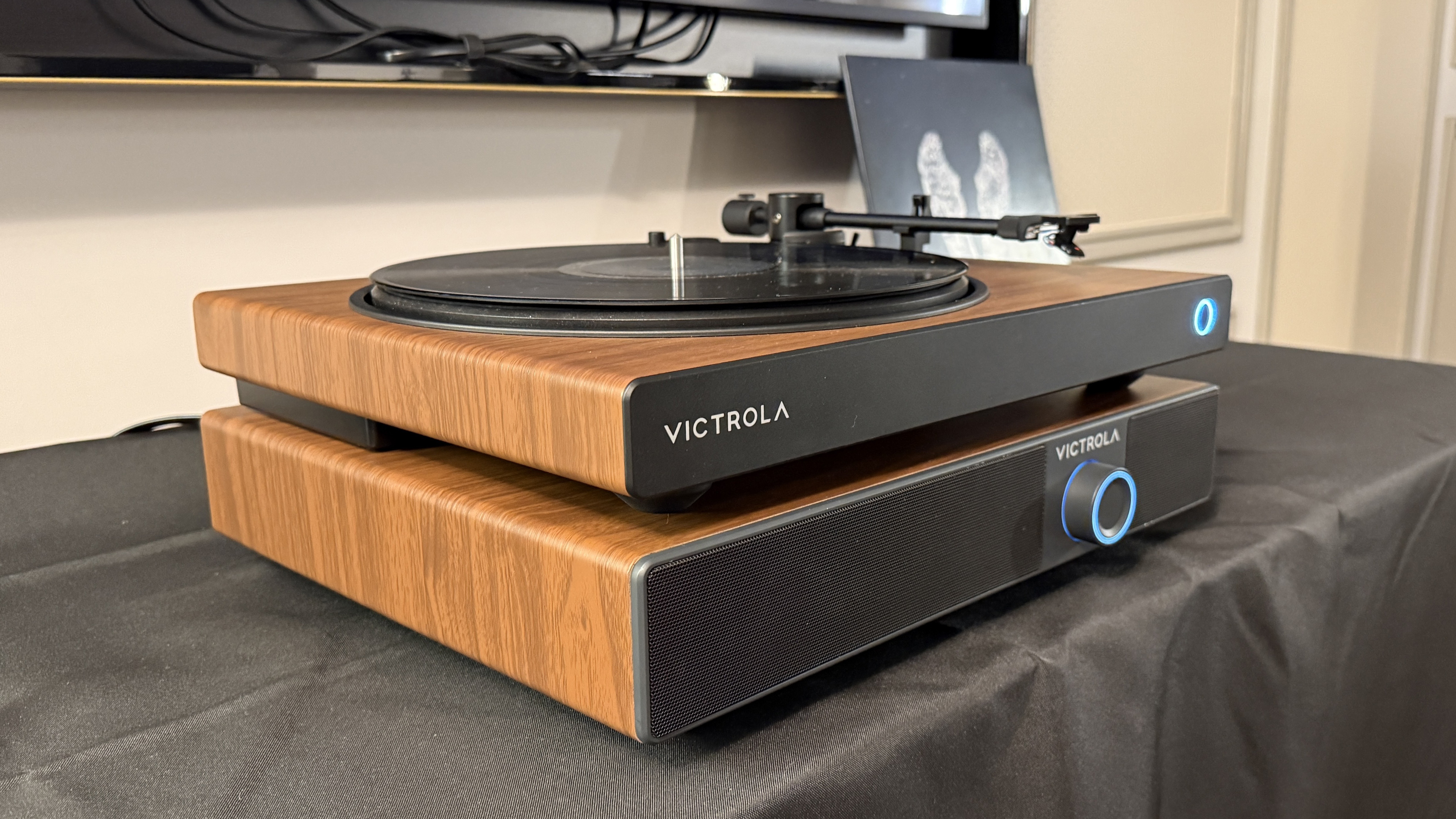 The Victrola Soundstage at CES 2026 in a wood finish
