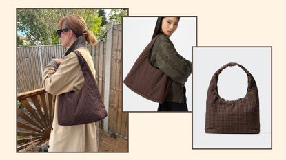 matilda, a model and. still life shot of the uniqlo shoulder bag