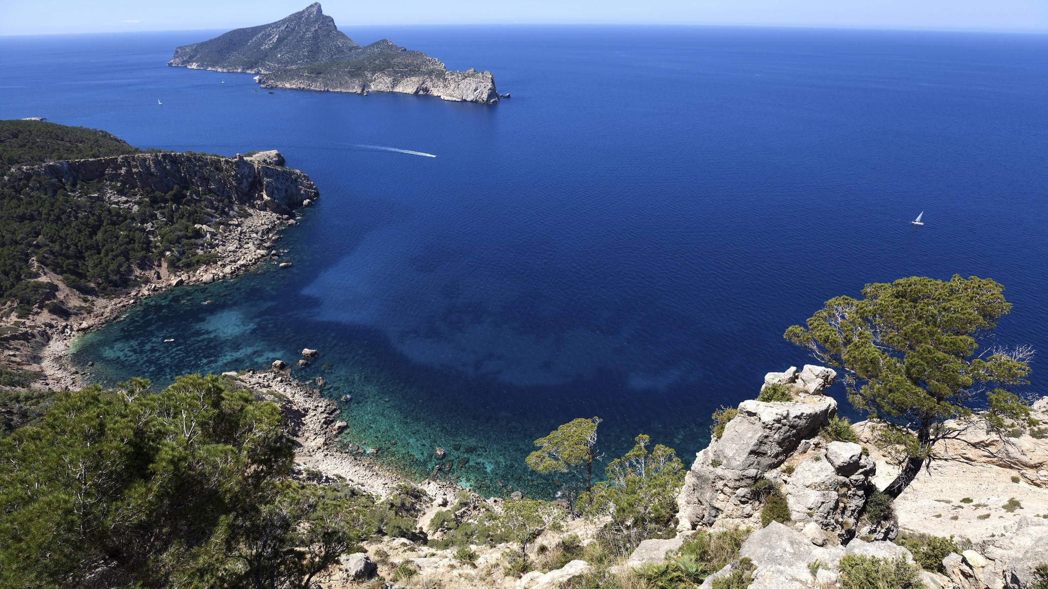 View of the dragon island Sa Dragonera and the coast near Sant Elm, Majorca, Balearic Islands, Spain - stock photo