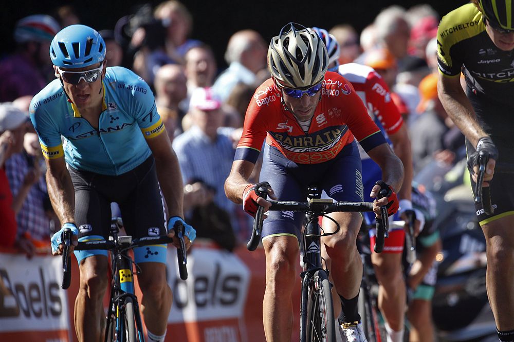 Vincenzo Nibali (Bahrain Merida) on the attack at Fleche Wallonne