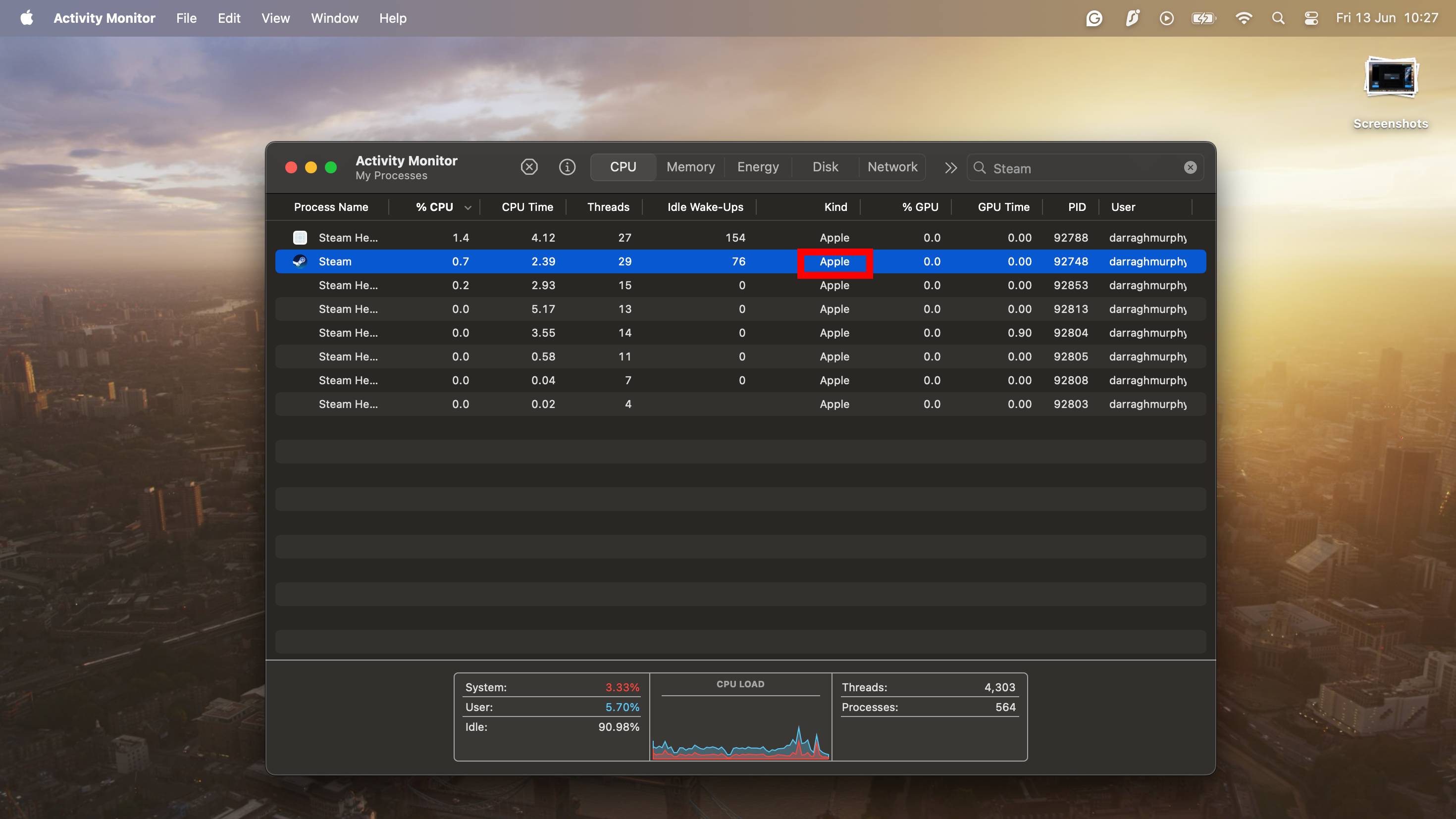 Screenshot of Activity Monitor app on Mac with red box highlighting Apple