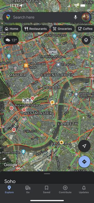 google maps map of london in dark mode