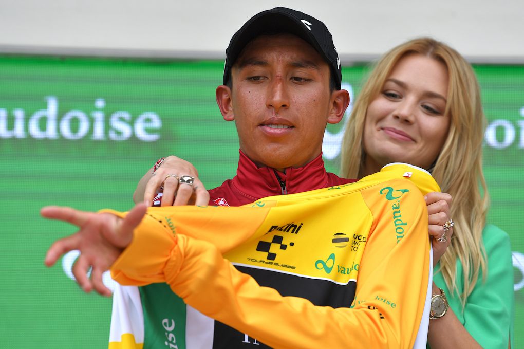 Egan Bernal puts on the yellow jersey after stage 7 at Tour de Suisse