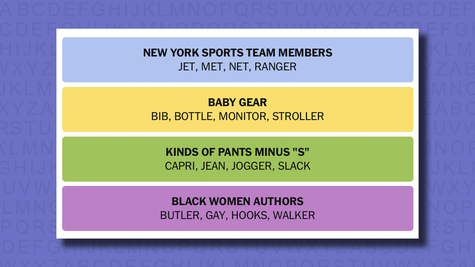 NYT Connections answers for game 713 on a purple background