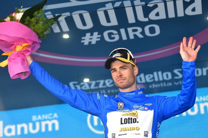 Bert-Jan Lindeman (LottoNL-Jumbo) in the first mountains classification jersey of the season