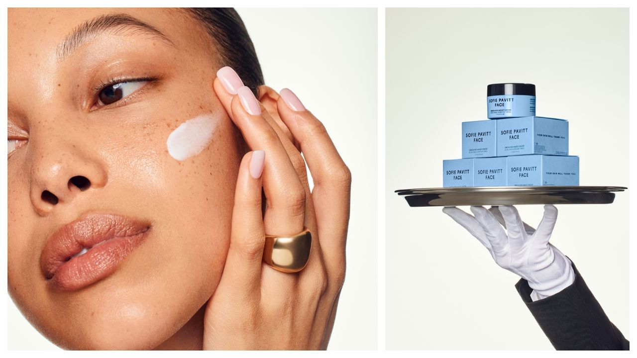 a model applying Sofie Pavitt Omega Rich Moisturizer and a hand holding up a tray with blue boxes, in a grid pattern