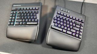 A photograph of the Kinesis Gaming Freestyle Edge RGB Plus ergonomic keyboard