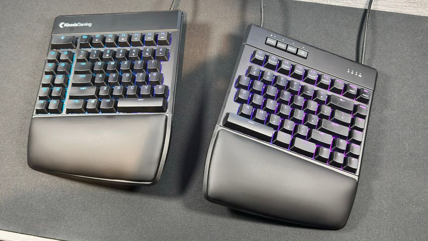 A photograph of the Kinesis Gaming Freestyle Edge RGB Plus ergonomic keyboard