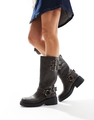 Bershka Buckle Detail Calf Length Boots in Brown