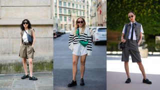 A composite of street style influencers showing how to style loafers with shorts