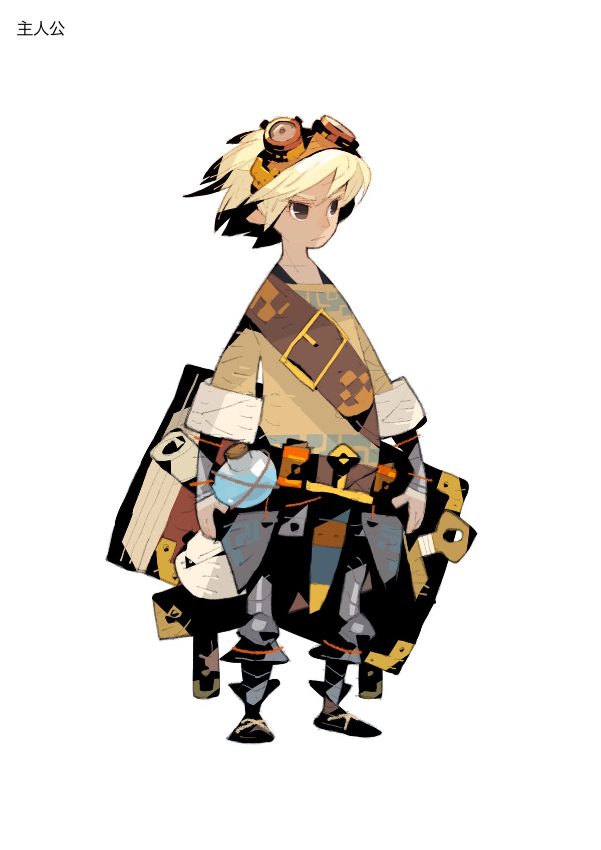 An anime character design for a retro game, a boy carrying a large book like a rucksack