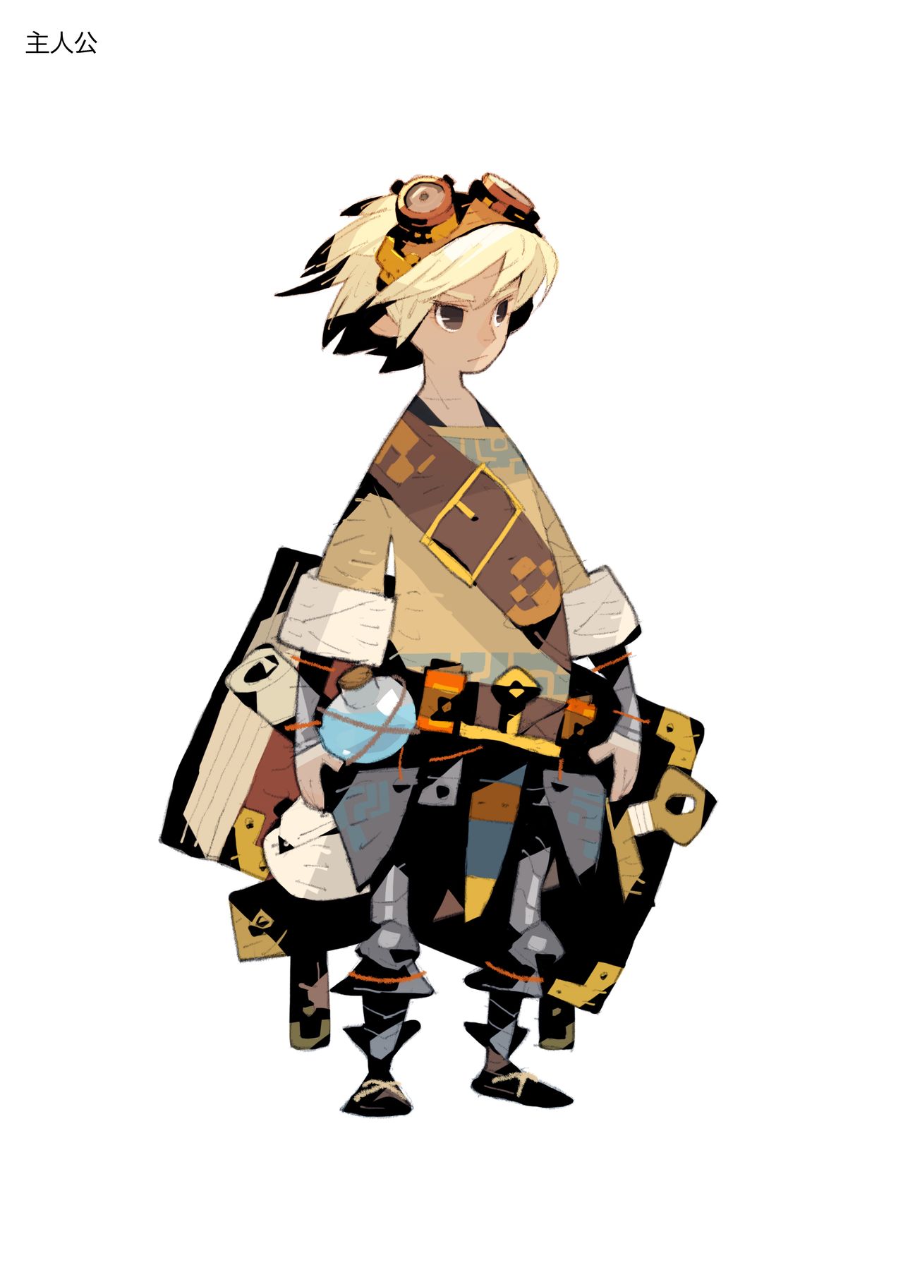 An anime character design for a retro game, a boy carrying a large book like a rucksack