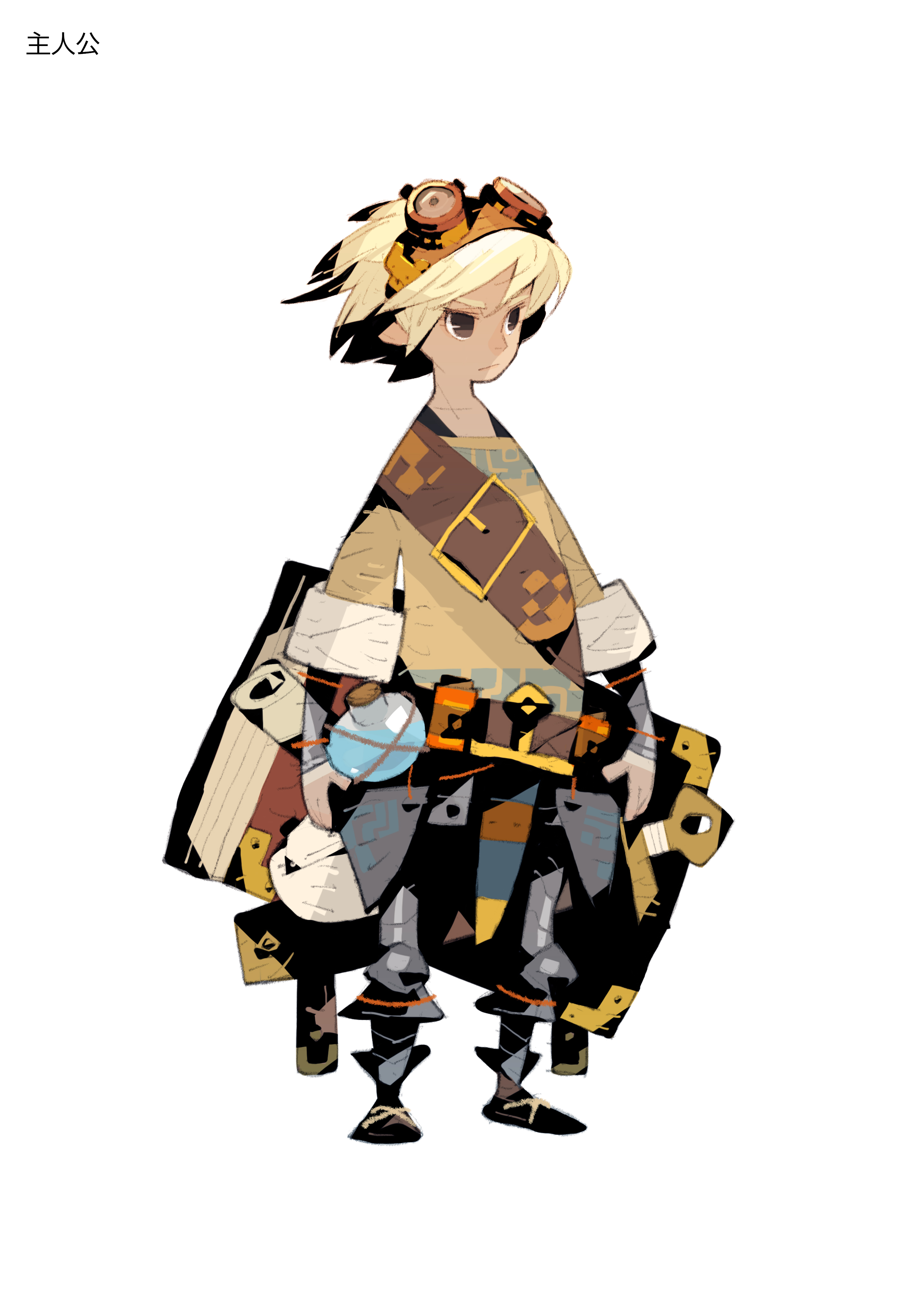 Diseño de personajes anime para un juego retro, un niño cargando un libro grande como una mochila