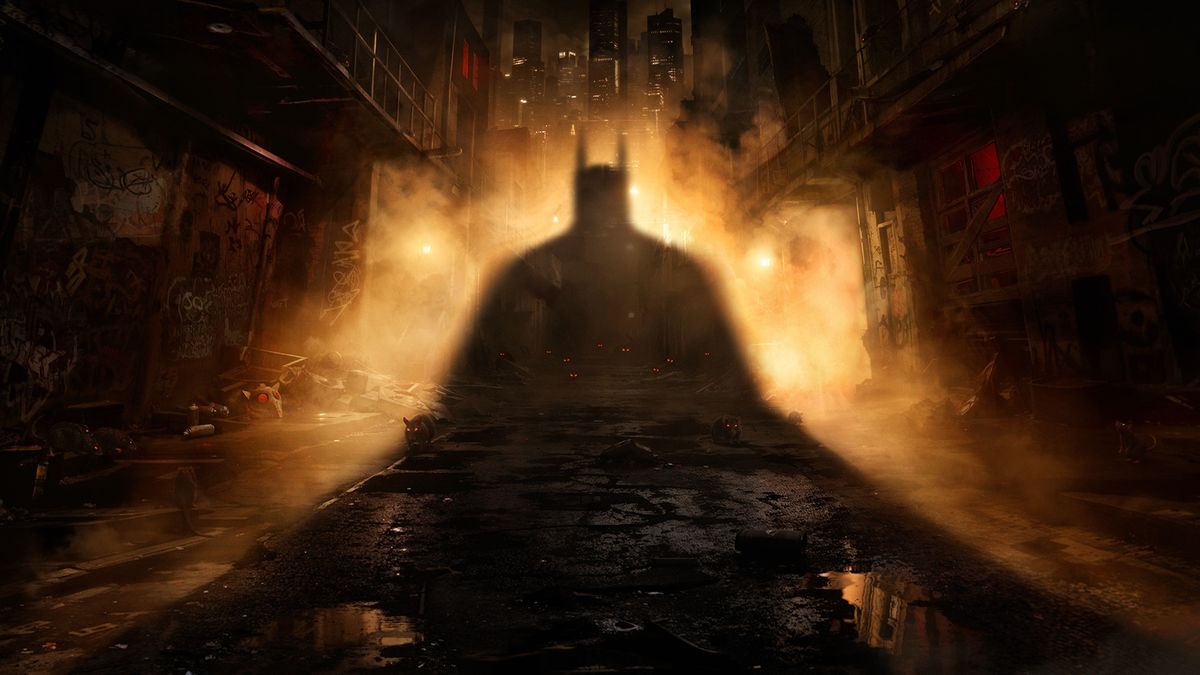 Batman: Arkham Shadow key art featuring the shadow of Batman in foggy Gotham