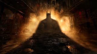 Batman: Arkham Shadow key art featuring the shadow of Batman in foggy Gotham