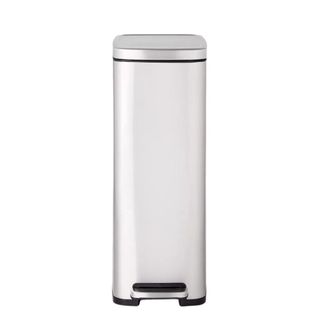 A kitchen trash can in stainless steel