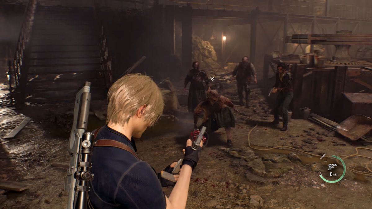 Leon reloads handgun in the face of enemies