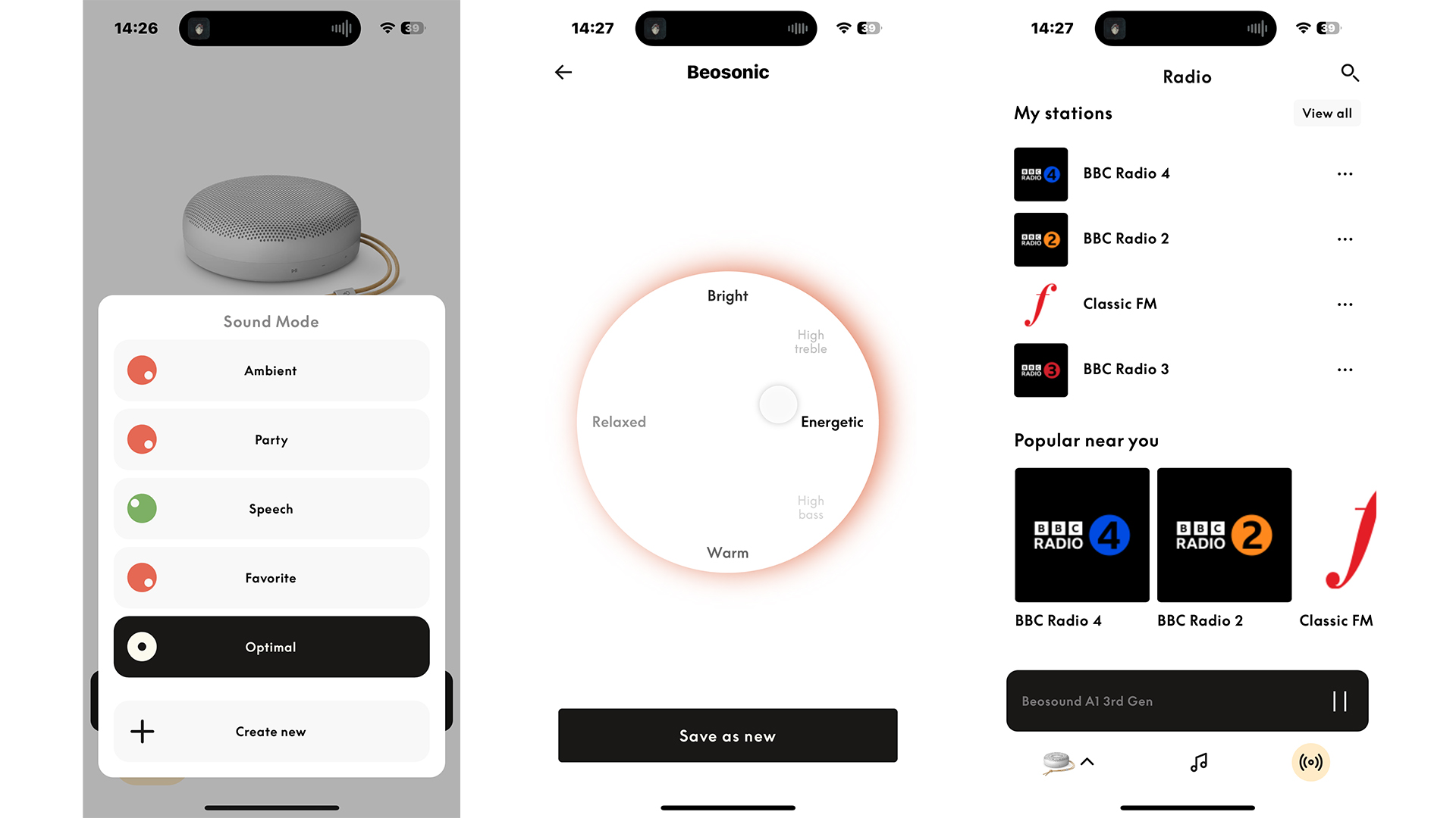 Bang & Olufsen Beosound A1 (3rd Generation) wireless speaker app on three smartphone screens