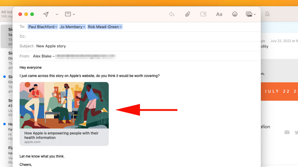 An email in the Mail app in macOS Ventura showing a rich link embedded in the message body.