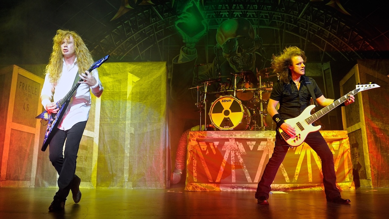 Dave Mustaine (L) and bassist David Ellefson perform during the Jagermeister Fall Music Tour at The Pearl concert theater.