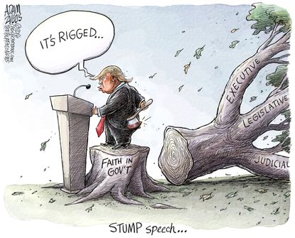 Political cartoon U.S. 2016 election Donald Trump stump speech
