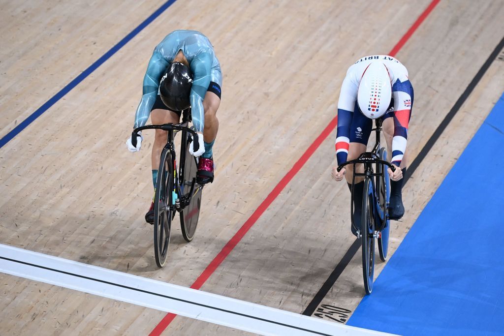 Britains Katy Marchant R and Hong Kongs Lee Wai Sze compete in the womens track cycling sprint quarterfinals during the Tokyo 2020 Olympic Games at Izu Velodrome in Izu Japan on August 7 2021 Photo by Greg Baker AFP Photo by GREG BAKERAFP via Getty Images