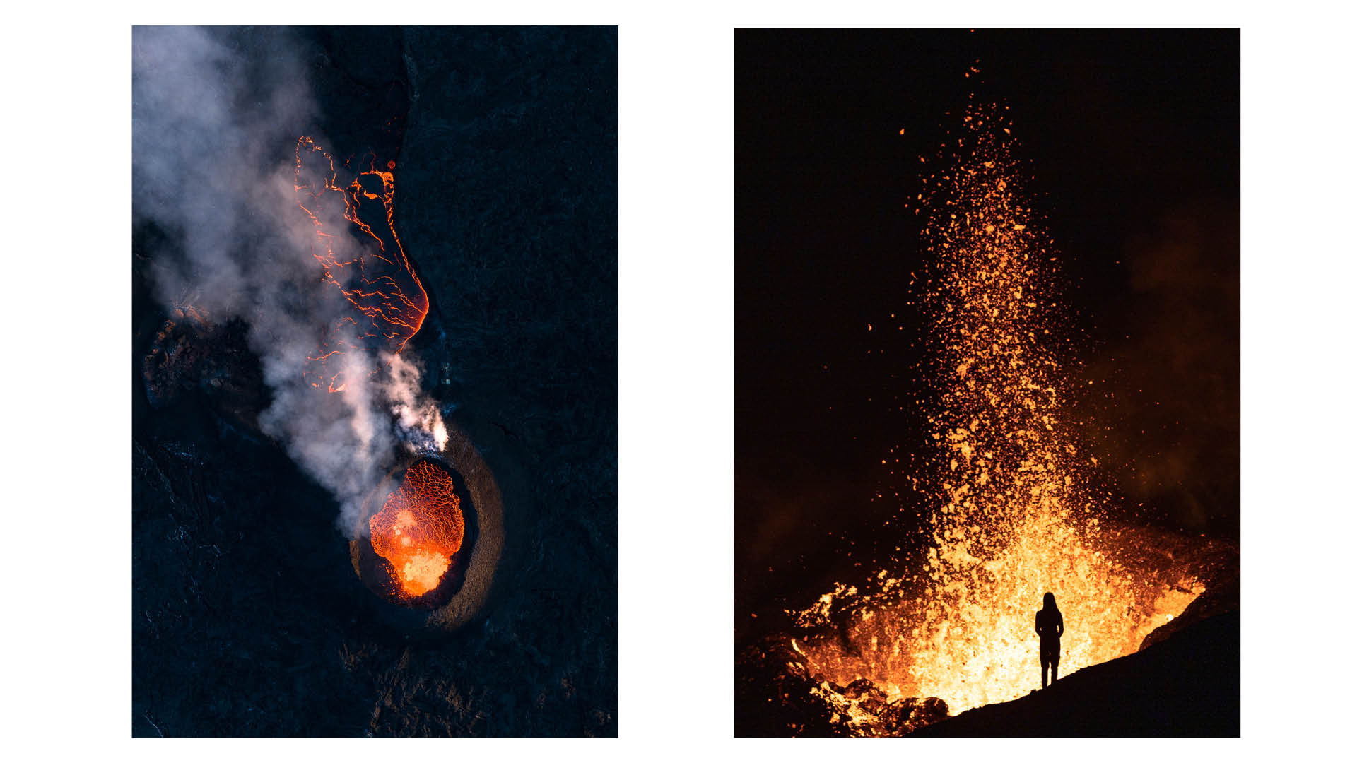 Photo captured by photographer and filmmaker Karim Iliya, showing lava pouring across a landscape at an active volcano in Iceland. Karim Iliya won the Drone (Video) prize in the 14th season of HIPA.