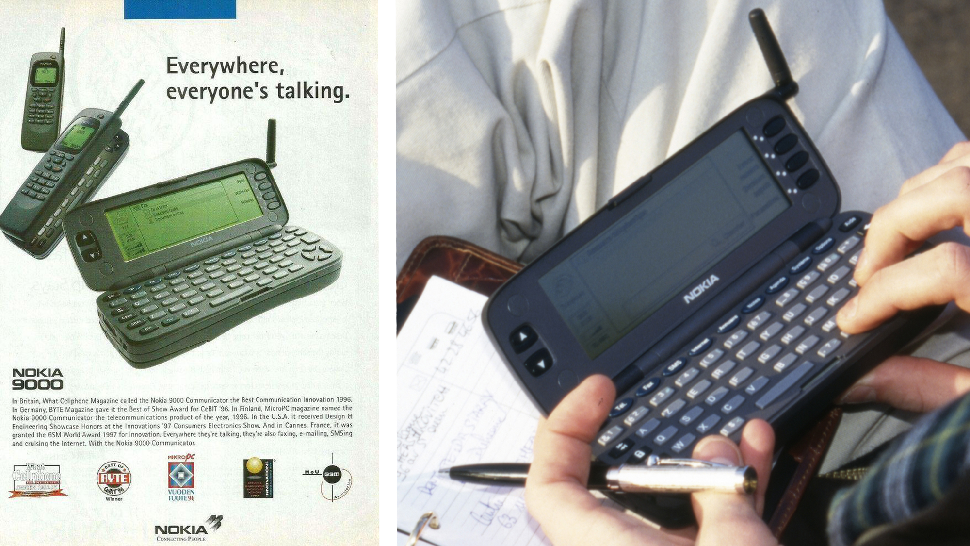 A Nokia 9000 Communicator ad next to the phone being held in two hands