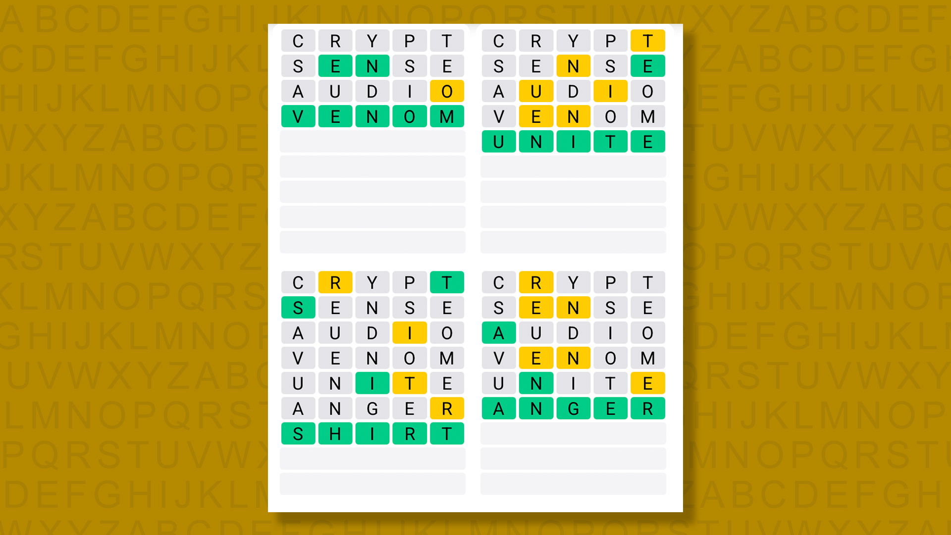 Quordle answers for game 1597 on a yellow background