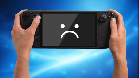 Steam Deck OLED with a sad face