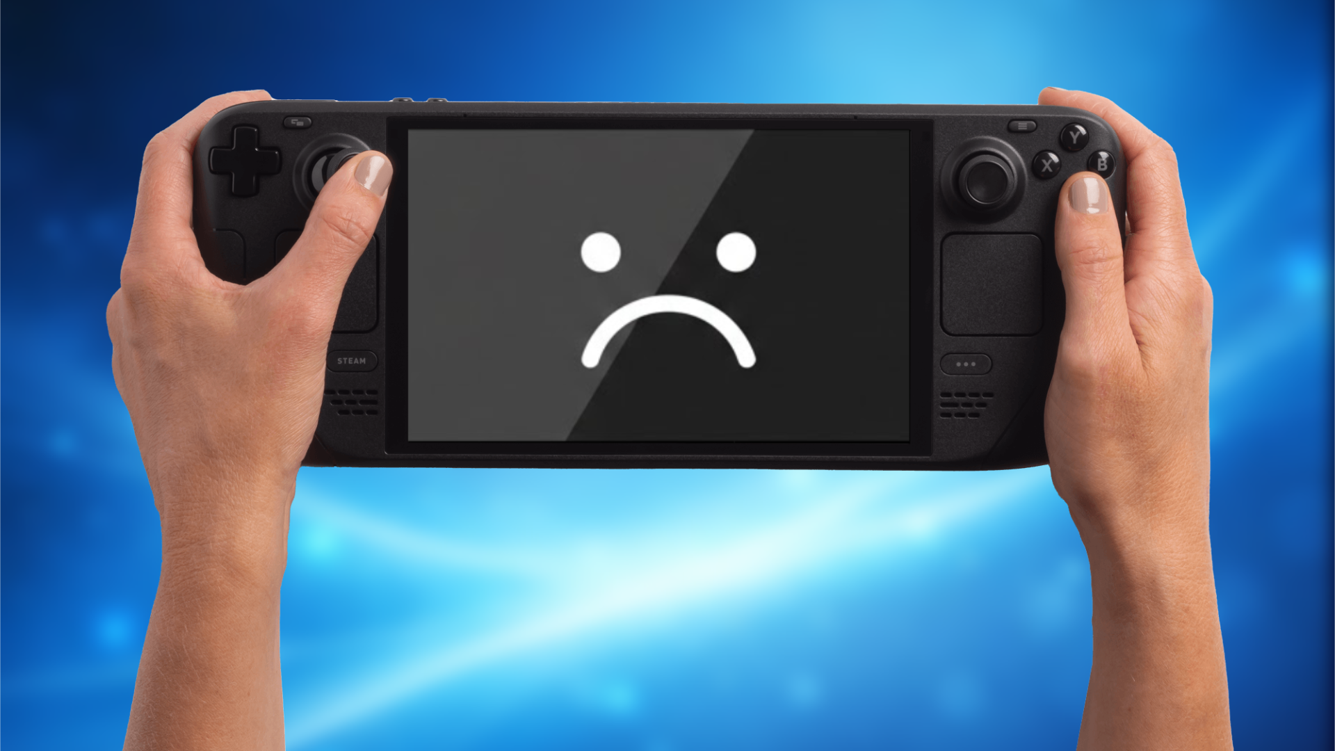 Steam Deck OLED with a sad face