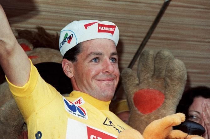 Stephen Roche in yellow in the 1987 Tour, becoming only the fifth cyclist in history to win the Tour de France and the Giro in the same year.