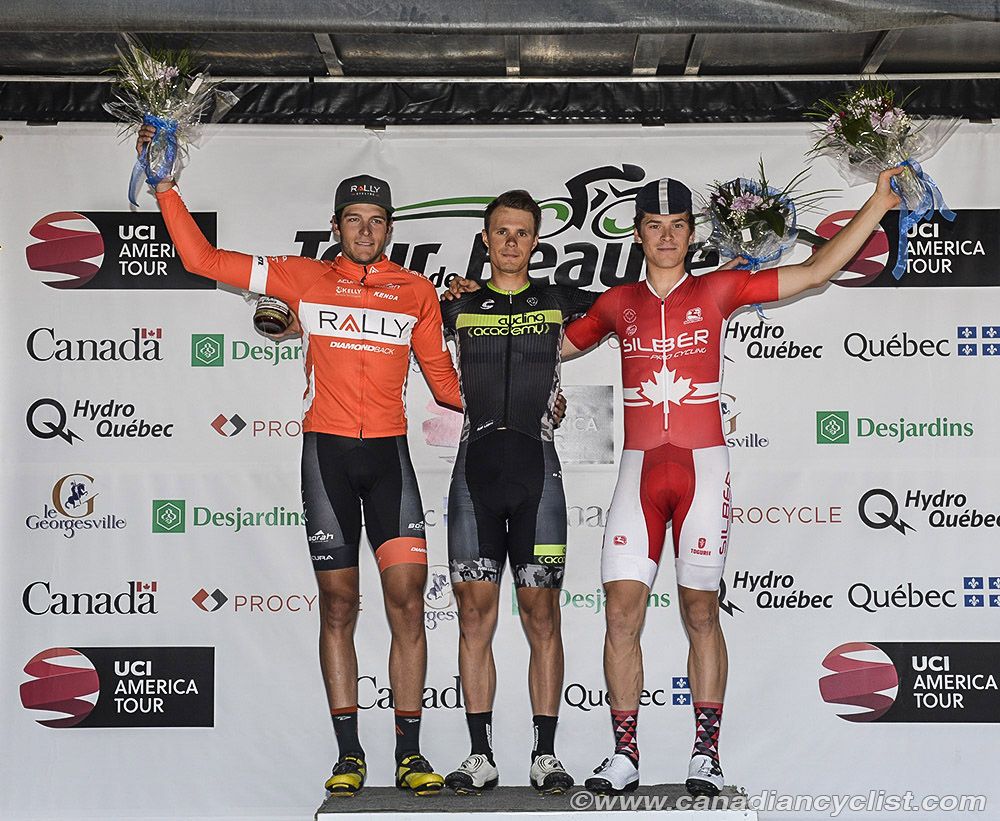 Stage 4 podium at Tour de Beauce: Pierrick Naud (from left), Mihkel Raim, Benjamin Perry