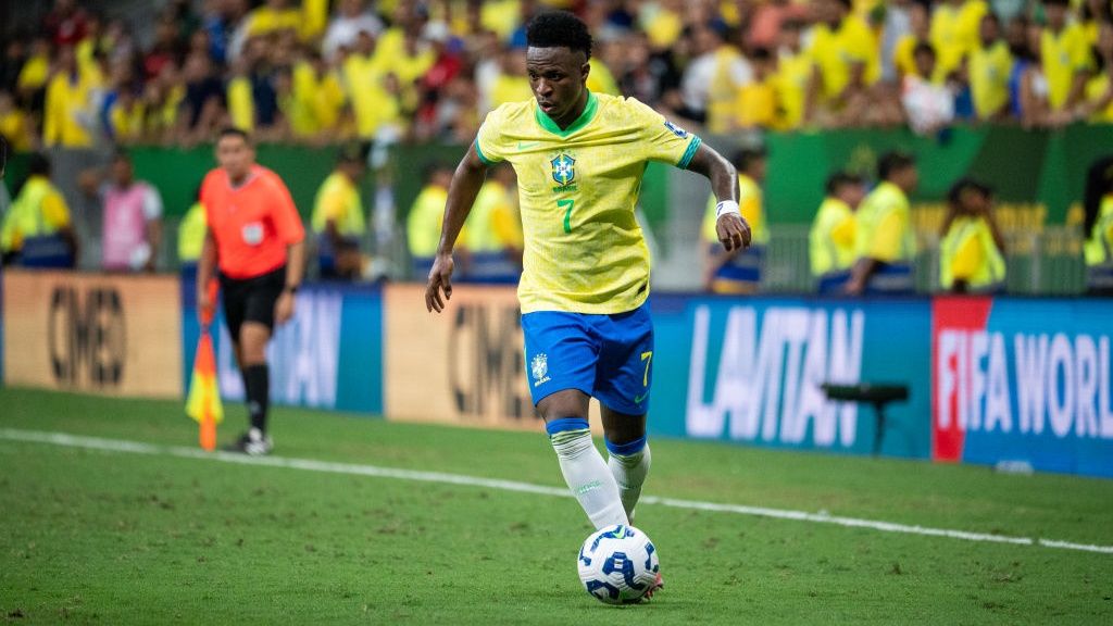 BRASILIA, BRAZIL - MARCH 20, 2025: Vinicius Junior of Brazil in action during the FIFA World Cup 2026 Qualifiers match between Brazil and Colombia at Arena BRB Mane Garrincha.