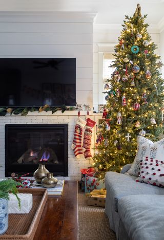 Living room with illuminated Christmas tree