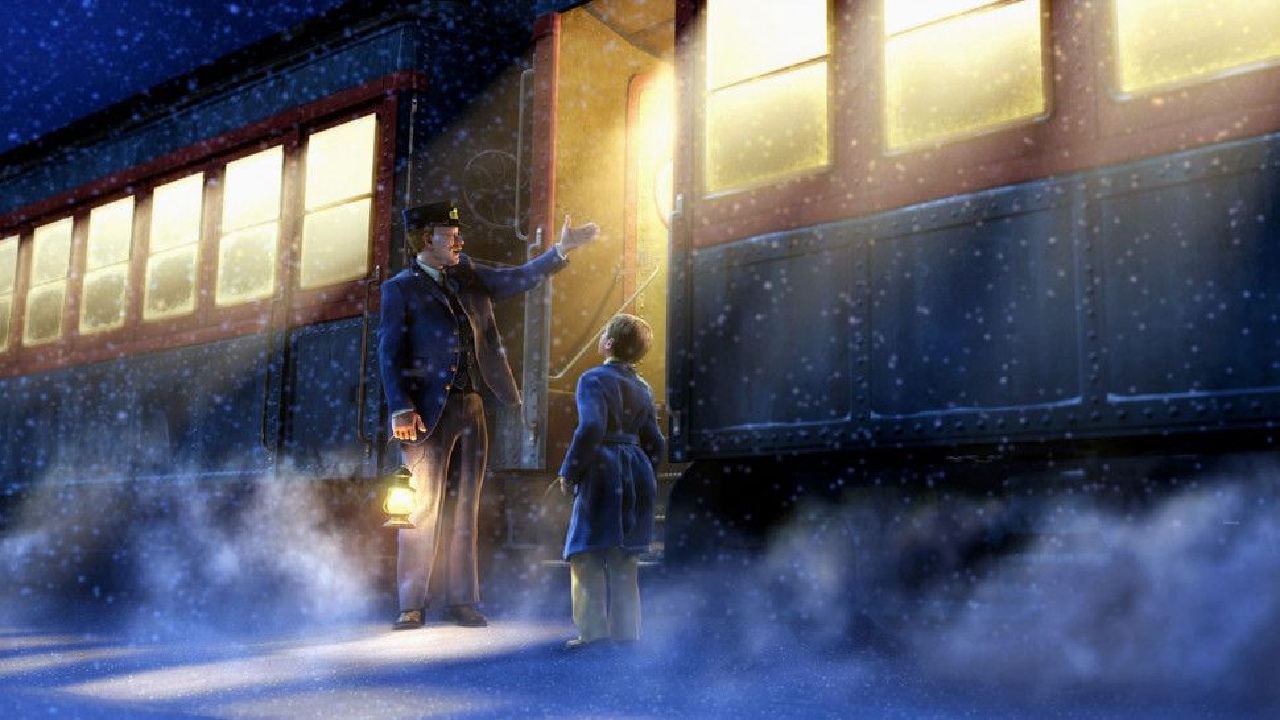 The young man and the train driver in The Polar Express.