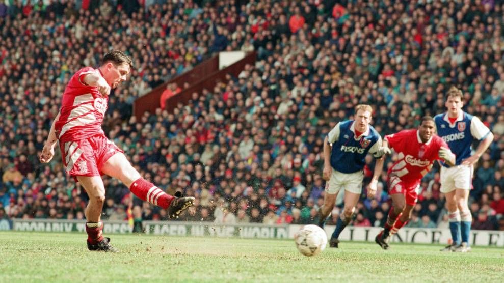 Julian Dicks takes a penalty for Liverpool