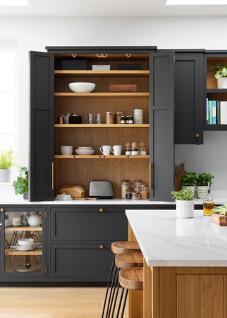 a pocket door breakfast bar in a grey, modern kitchen