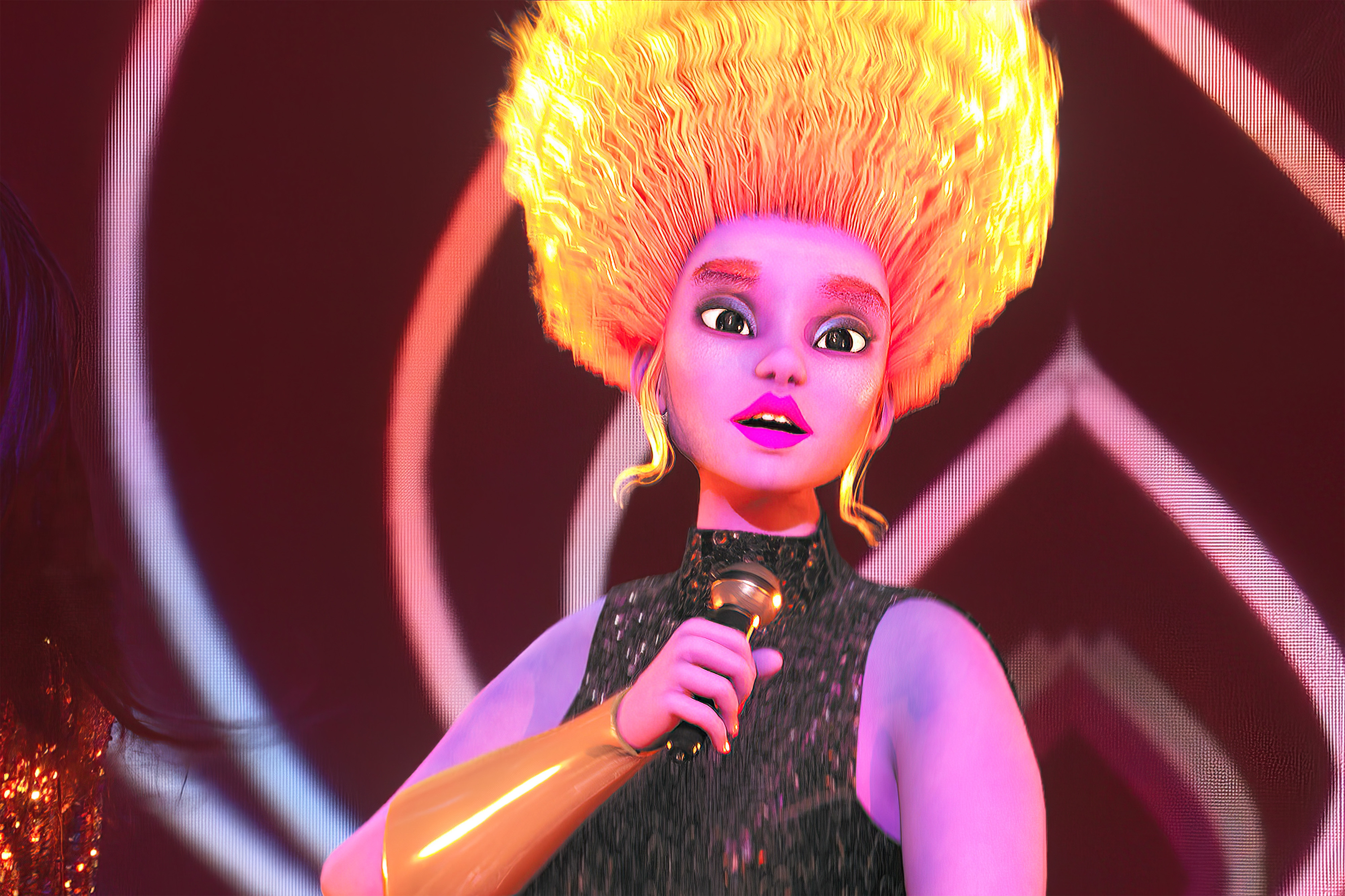 an ai image of a pink woman with orange hair singingin into a microphone in the reality show alter ego
