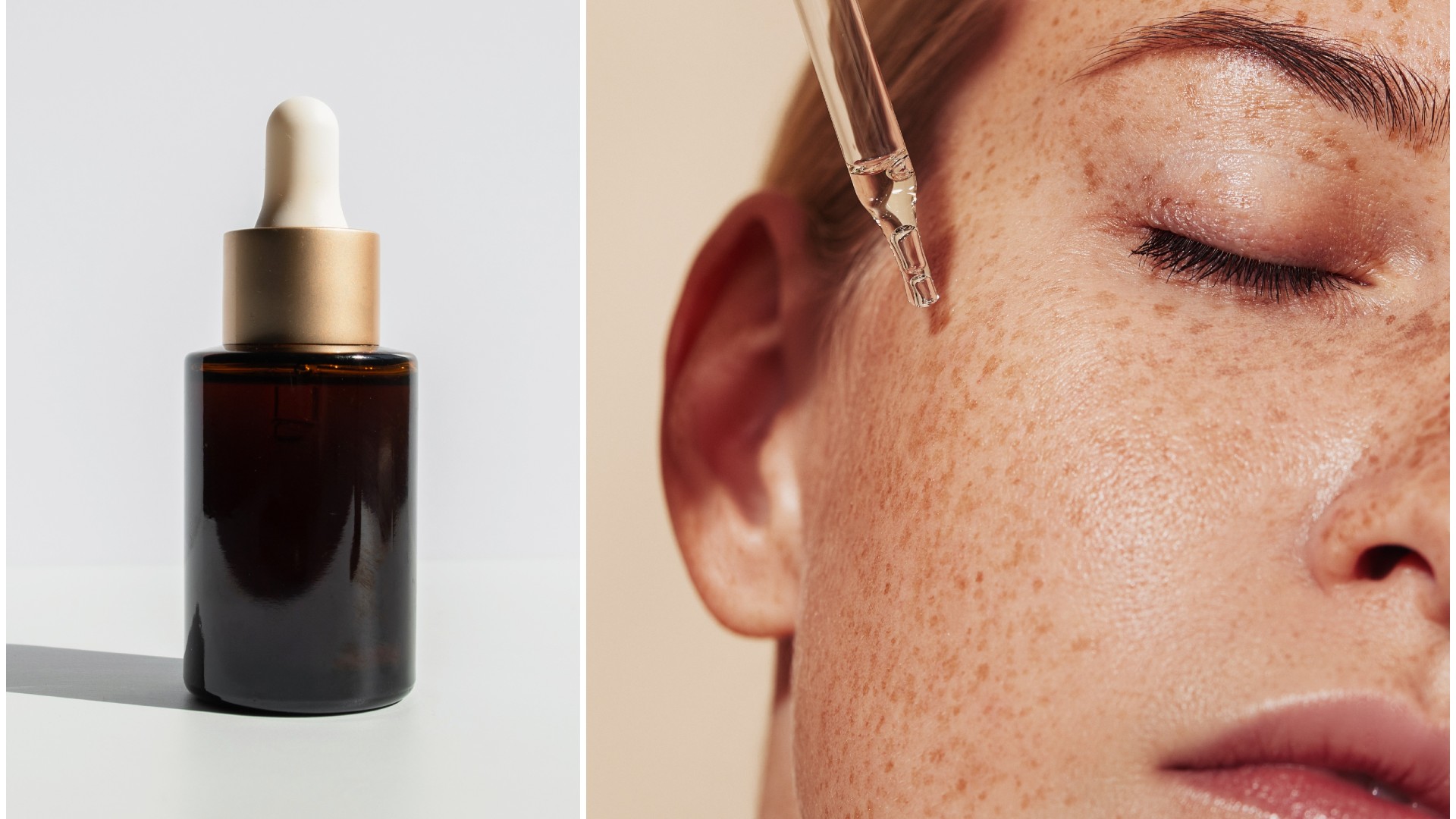 a side by side of a serum bottle and a woman using a pipette on her skin