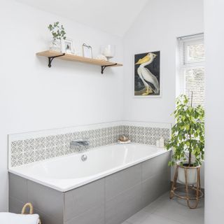 Bathroom with white walls, grey tiled bath, potted plant and floating shelf