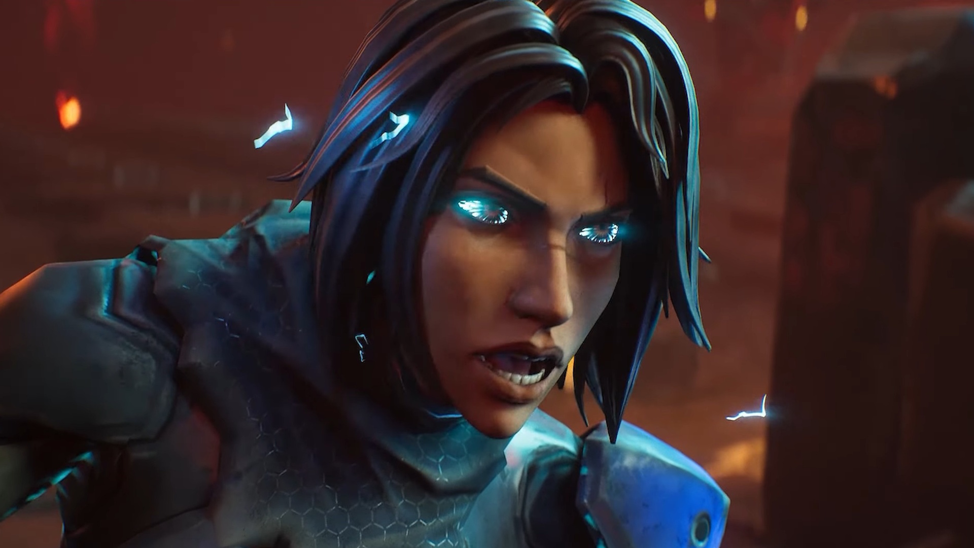 Stormgate character with glowing blue eyes