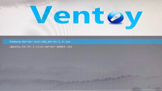 The Ventoy boot screen showing Fedora Server and Ubuntu Server.