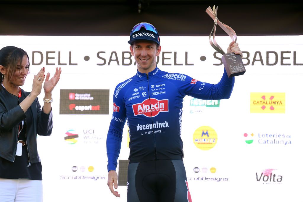 SABADELL SPAIN MARCH 23 Kaden Groves of Australia and Team AlpecinDeceuninck celebrates at podium as stage winner during the 102nd Volta Ciclista a Catalunya 2023 Stage 4 a 188km stage from Llvia to Sabadell UCIWT VoltaCatalunya102 on March 23 2023 in Sabadell Spain Photo by David RamosGetty Images