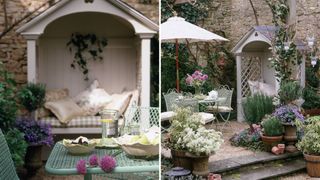 cottage garden idea with cream arbour